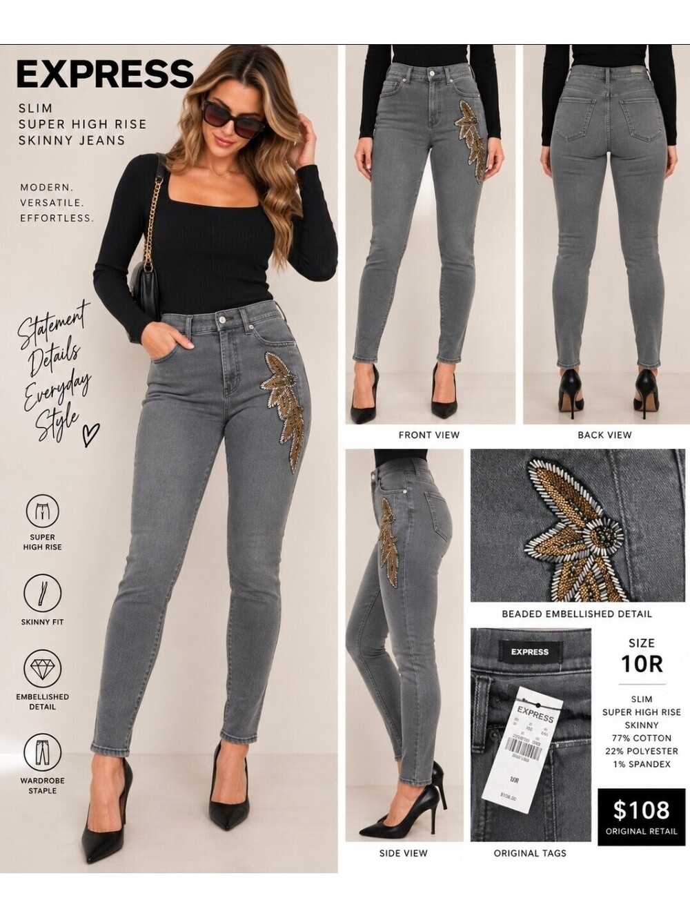 NWT Express Slim Super High Rise Gray Jeans 10R Beaded Embellished